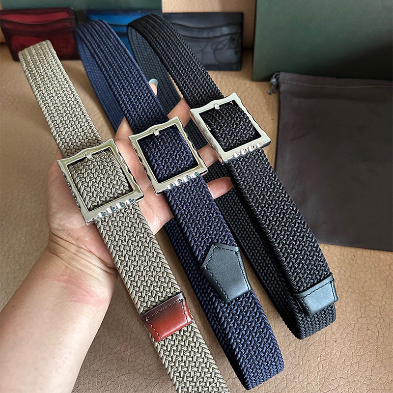 BU树膏牛皮男士皮带手工上色意大利奢华老钱风帆布编织带纯钢扣头