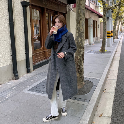 炭灰色双面羊绒大衣女秋冬季新款小个子正肩高级感韩系羊毛呢外套
