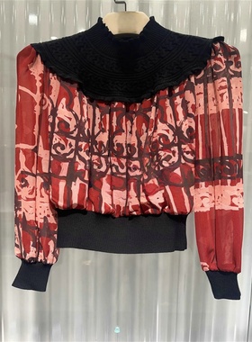 玛家商场同款2025冬季新品黑色花边拉夫领针织上衣A1FHW26400