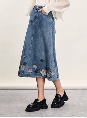 现货速发谜家商场同款2024年夏季新复古绣花高腰中长裙242MB0546