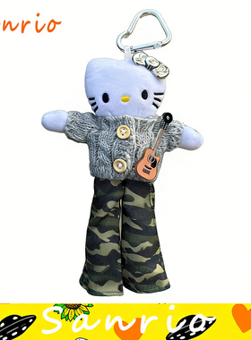 日本正版helloKitty吉他迷彩牛仔纽扣长腿裤黑皮公仔玩偶包挂件新