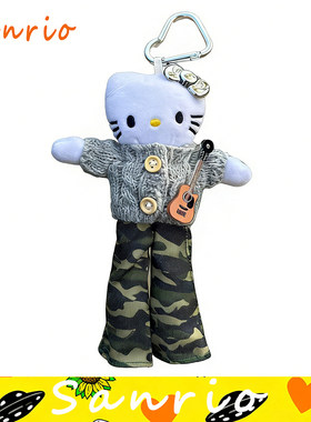 日本正版helloKitty吉他迷彩牛仔纽扣长腿裤黑皮公仔玩偶包挂件新