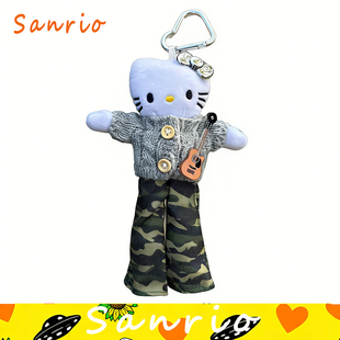 日本正版helloKitty吉他迷彩牛仔纽扣长腿裤黑皮公仔玩偶包挂件新