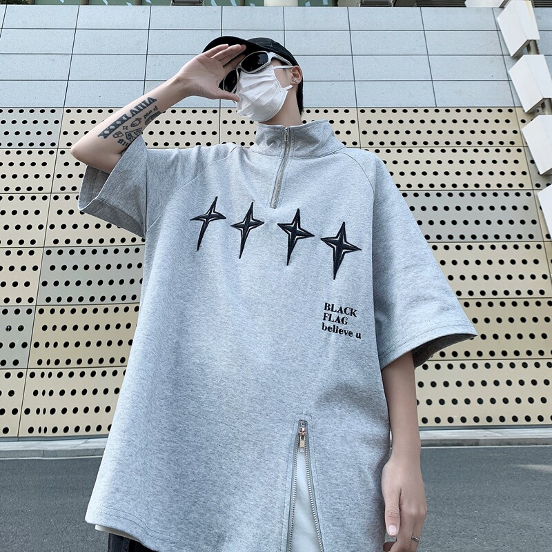 23夏宽松休闲美式T恤拉链设计高街星星短袖立领POLO衫DX37-P48,男装T恤,电商B288