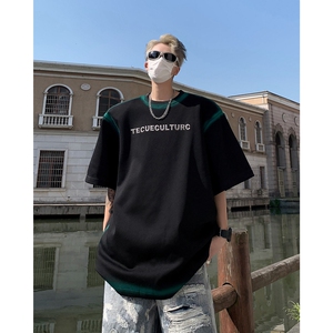 现货！25喷绘暗黑高街短袖小众设计感金属字母垫肩T恤男DX58-P58图片
