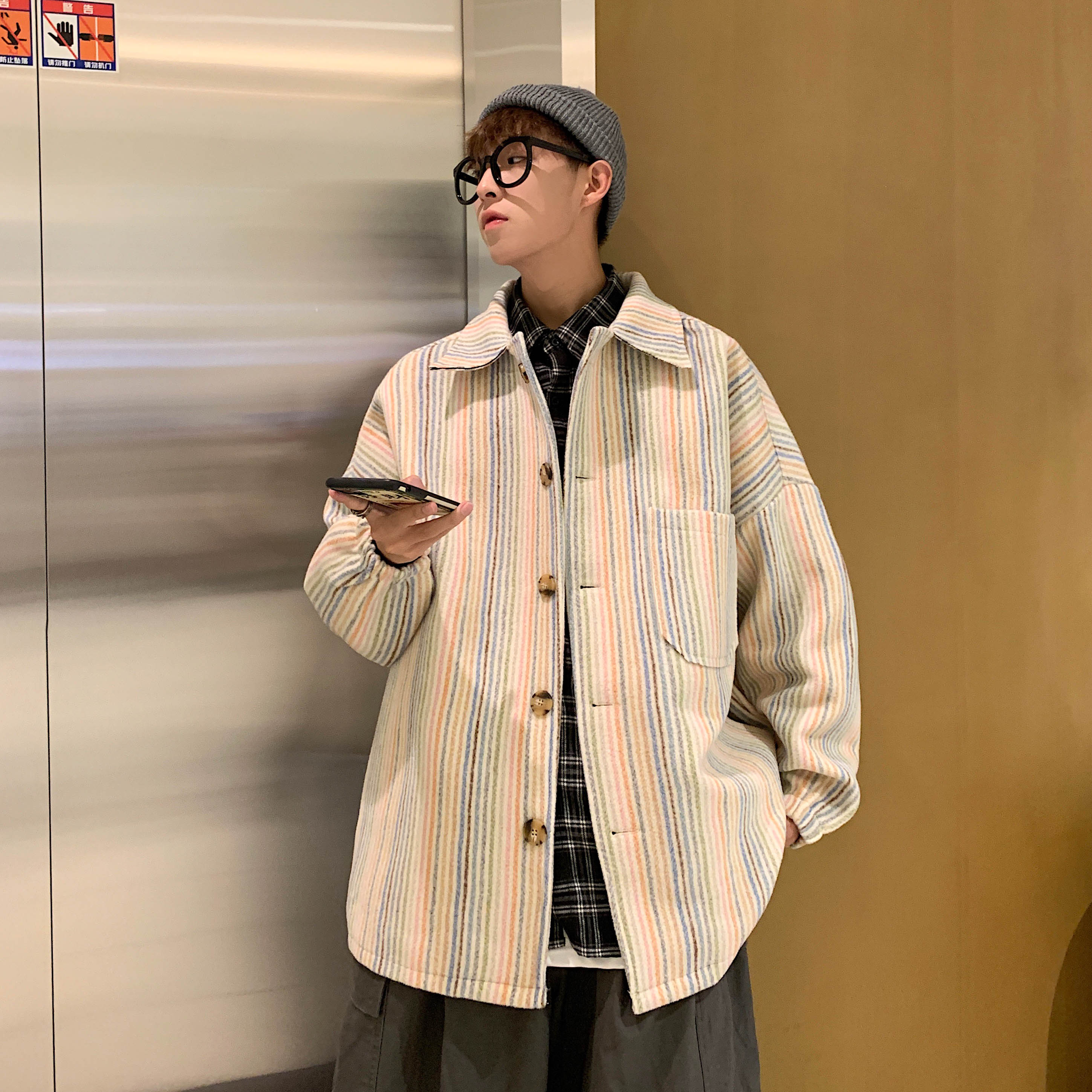 2026秋冬男士大衣彩虹条纹外套宽松毛呢大码休闲外套mj283-p95,女装短外套,电商B288