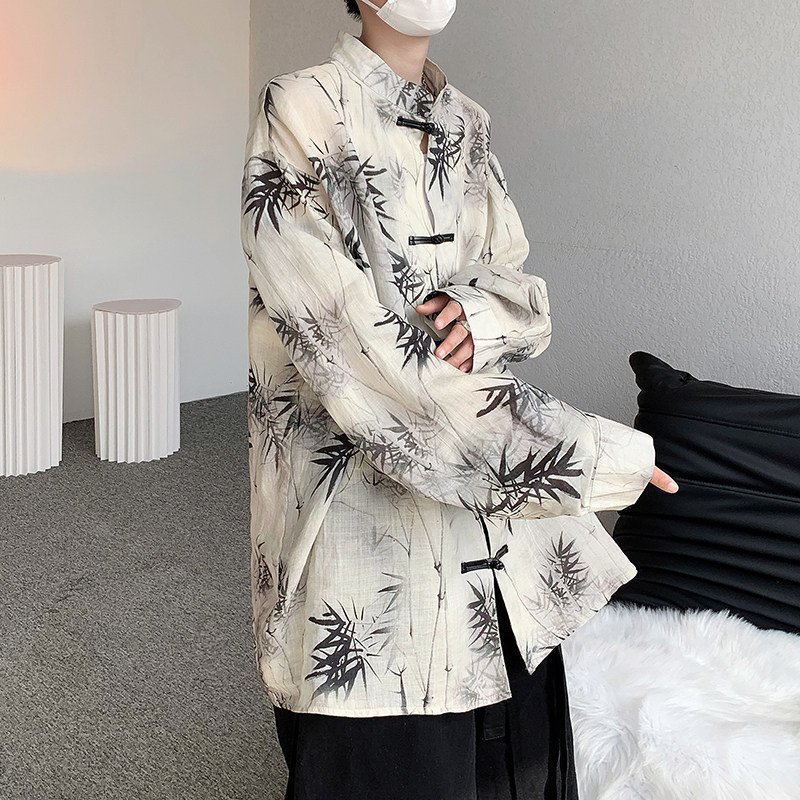 现货！新中式文艺长袖防晒竹叶水墨盘扣衬衫仙气男上衣MJ702-P70,男装防晒衣,电商B288