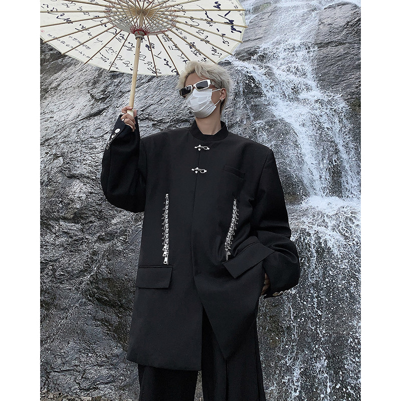 23秋冬小众设计金属拉链新中式立领飞机扣垫肩西服XZ10-P128现货,男装西服,电商B288
