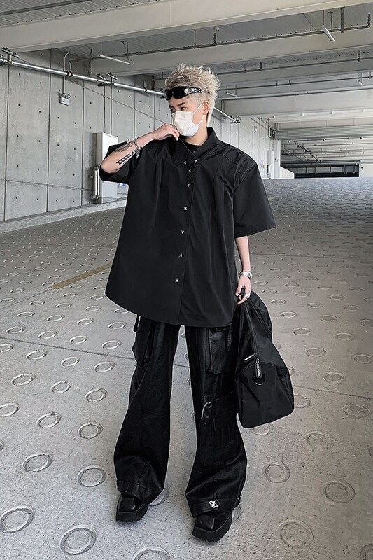 24夏季设计感金属铆钉垫肩交领短袖衬衫cs16-p95,男装T恤,电商B288