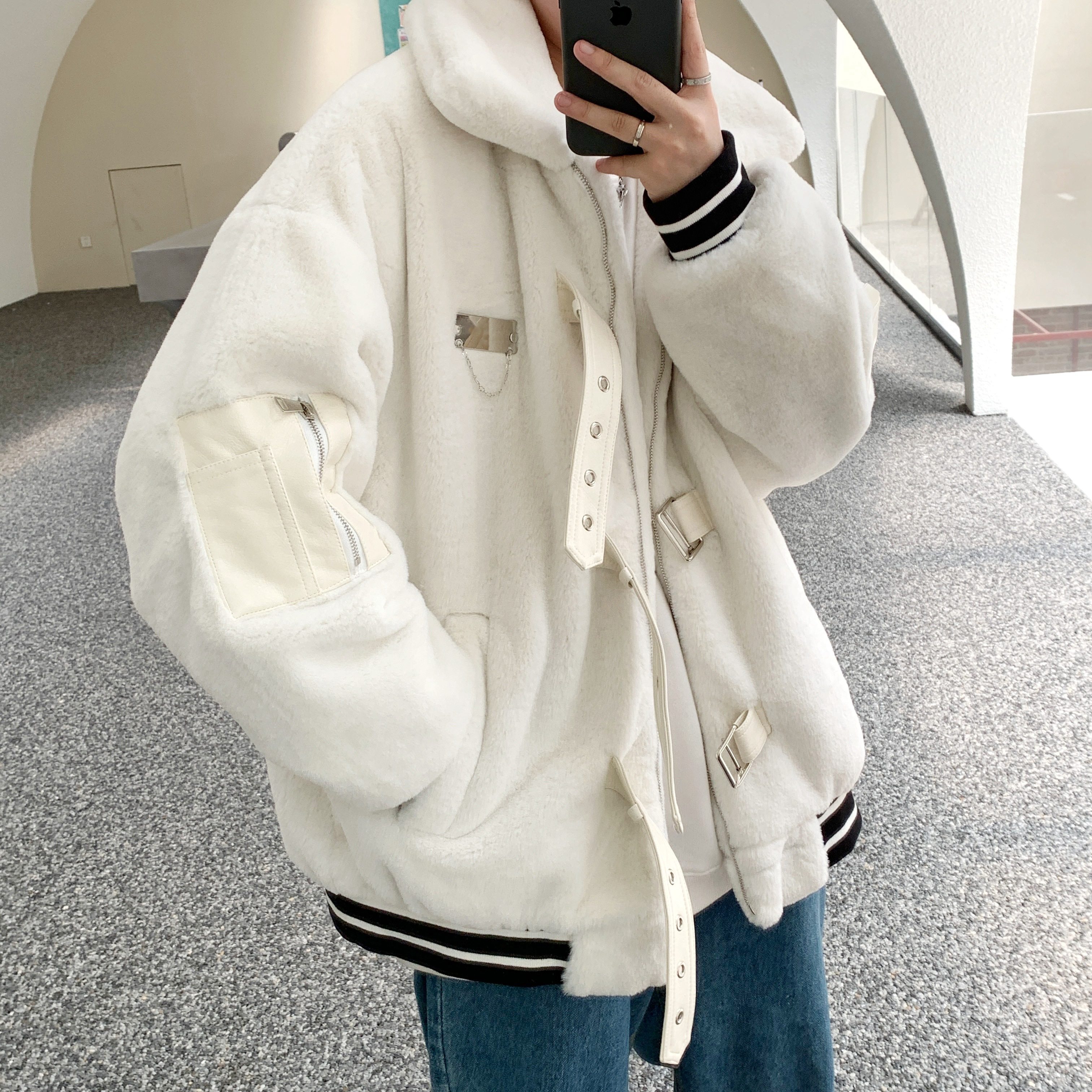 22双色皮扣羊羔绒外套男女宽松仿兔毛加厚棉服上衣秋冬mj606-p168,男装棉衣,电商B288