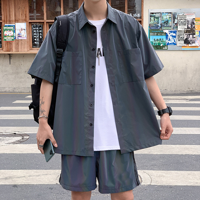 痞帅短袖衬衫嘻哈暗黑反光镭射T恤运动裤套装tz02裤子p60衬衫p85,男装T恤,电商B288