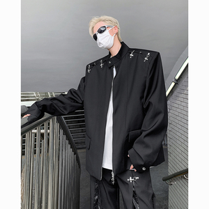 23秋新款痞帅男士飞机扣金属垫肩西装暗黑胸棉夹克JK02-P120现货
