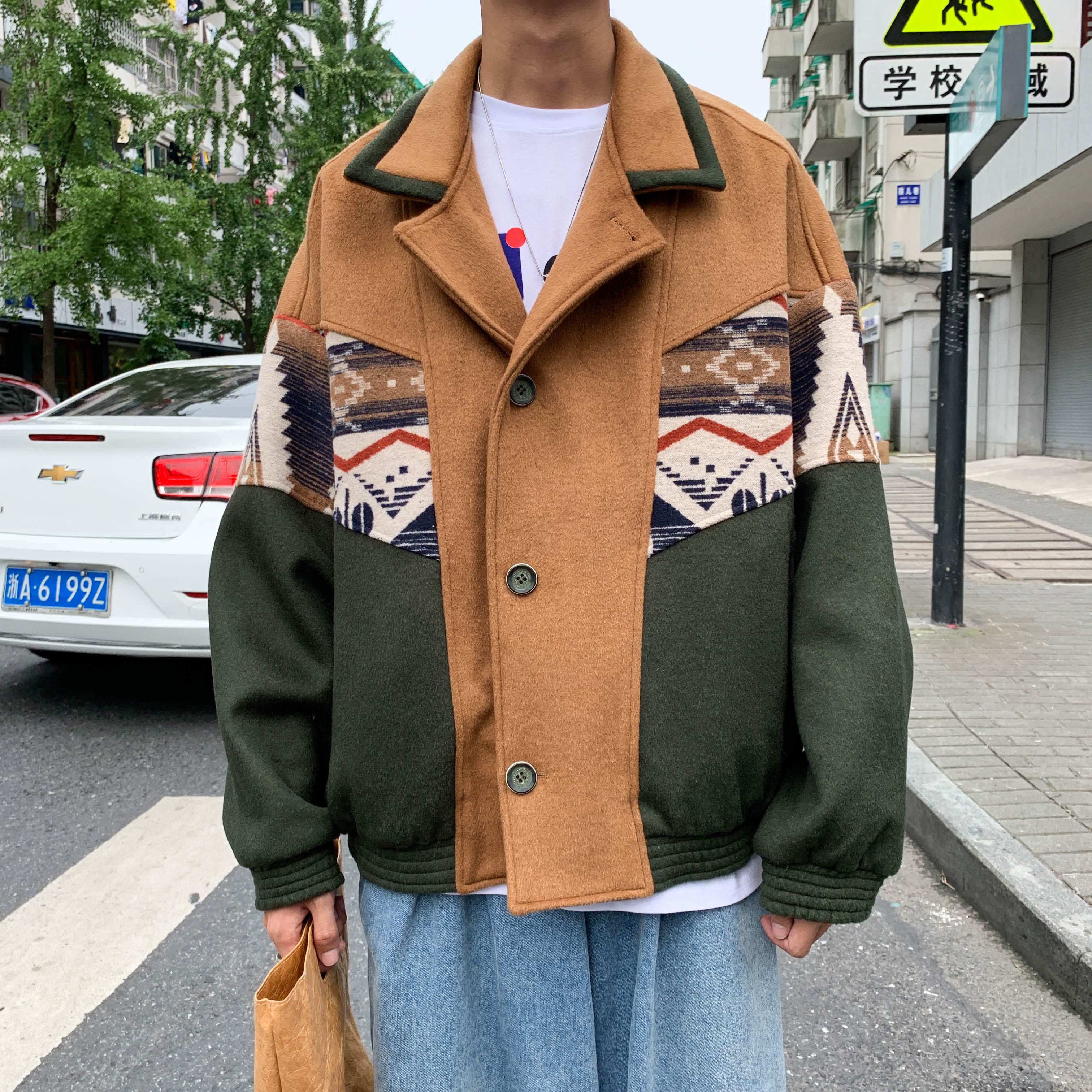 秋冬美式复古校园印花拼接短款毛呢大衣大码外套B288-MJ398-P145，男装毛呢大衣，电商B288