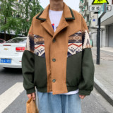 秋冬美式复古校园印花拼接短款毛呢大衣大码外套B288-MJ398-P145，男装毛呢大衣，电商B288