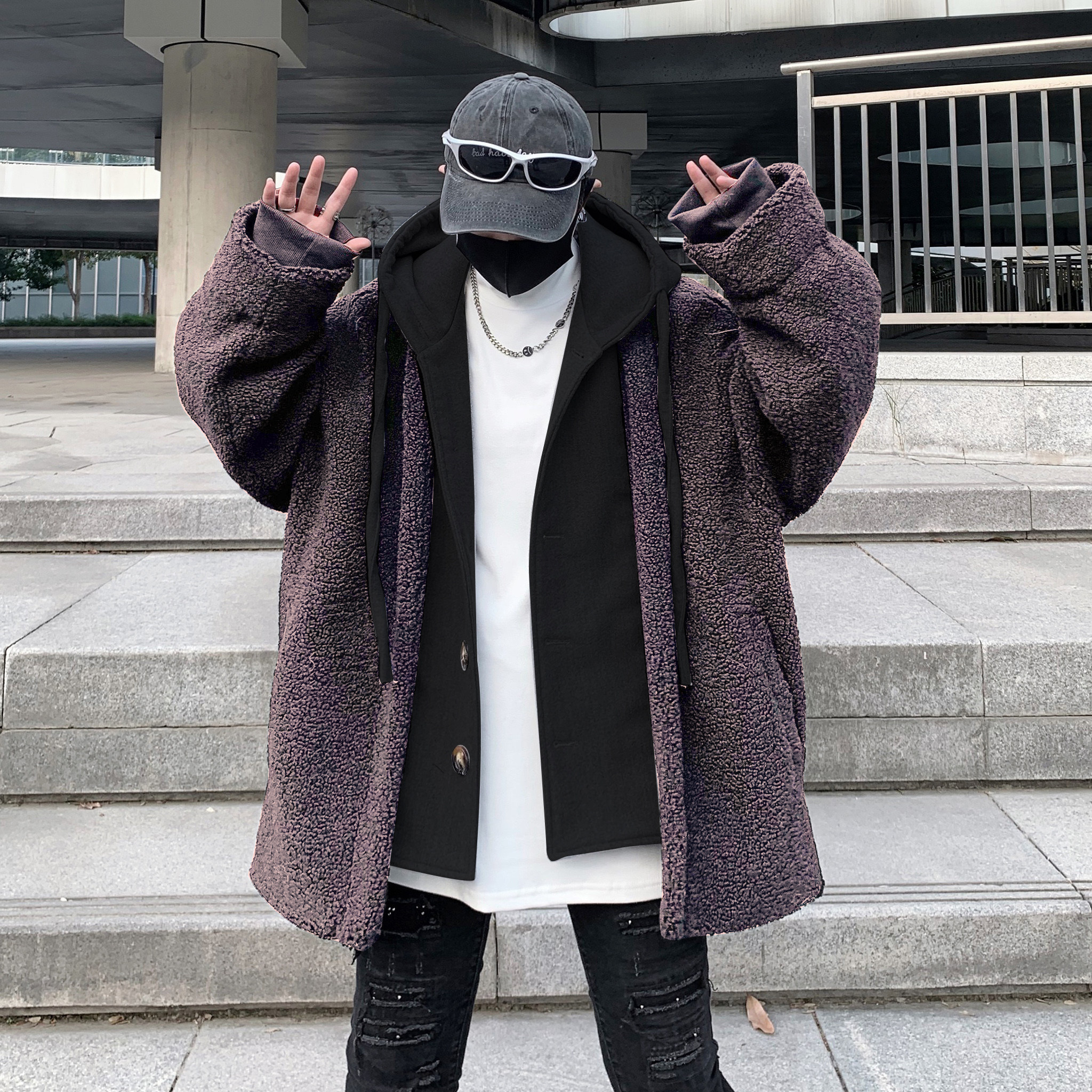 21冬季新款撞色毛呢假两件拼接羊羔毛棉衣男短款外套fy07p150，男装棉衣，电商B288