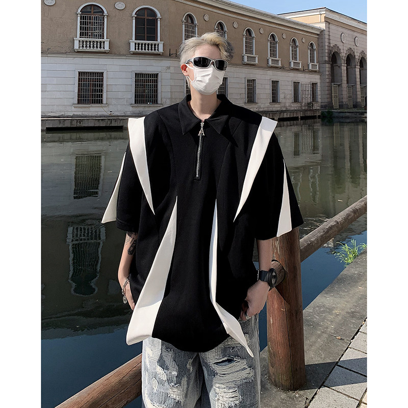 23夏季垫肩撞色解构设计polo拉链短袖T恤男半袖方领上衣DX77-P88,男装T恤,电商B288