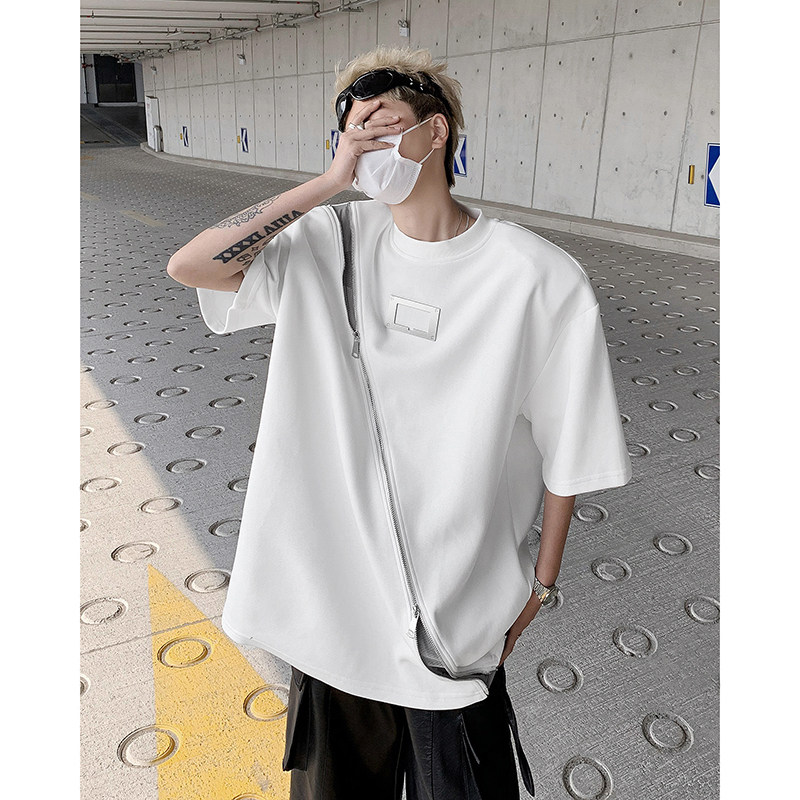 现货！25夏季男士拉链设计感拼接金属扣垫肩短袖T恤DX104-P75,男装T恤,电商B288