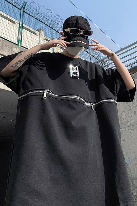现货！25金属拉链垫肩短袖T恤男夏季宽松圆领大码半袖DX21-P58,男装T恤,电商B288
