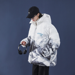 港风雪山印花面包服连帽棉衣男情侣宽松加厚棉服棉袄mj350-p155图片