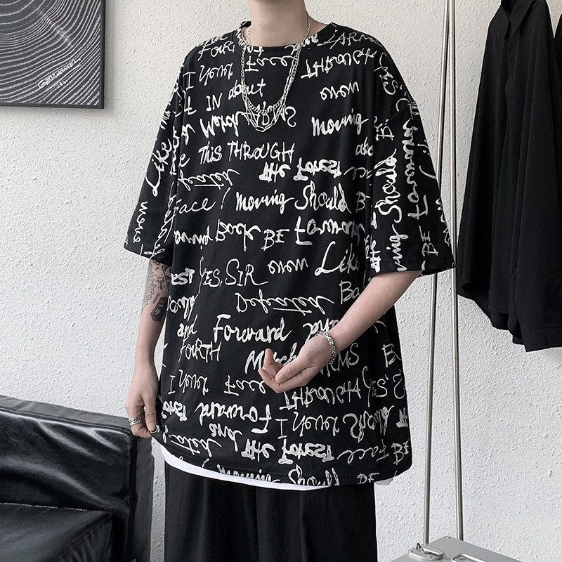 夏季港风潮牌字母涂鸦凉感印花冰丝短袖T恤男女情侣半袖tx09-p30，男装T恤，电商B288