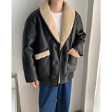 黑色复古羊羔毛外套仿皮pu皮毛一体大码保暖加厚夹克-mj631-p175，男装夹克，电商B288