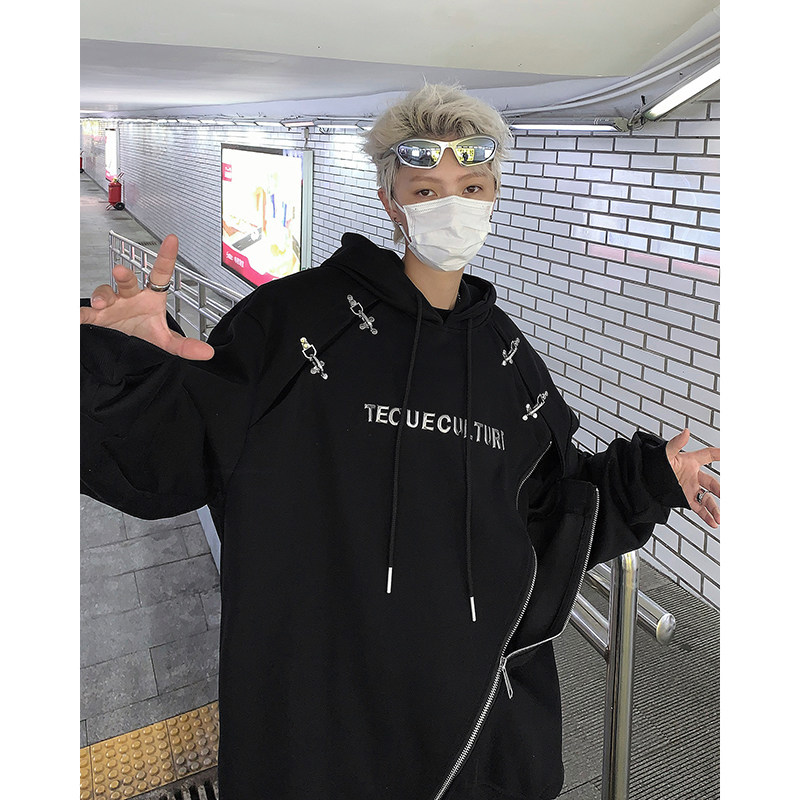 23秋冬男士飞机扣子拉链不规则下摆重磅暗黑垫肩卫衣mj926-p98现,男装卫衣,电商B288