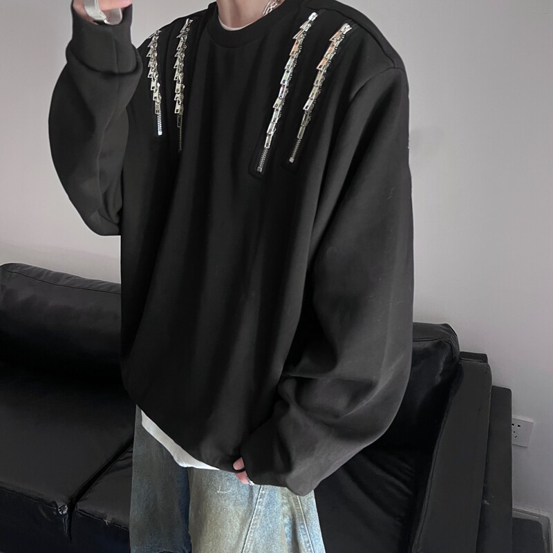 23秋冬男士设计感垫肩多拉链圆领内搭卫衣MJ944-P88现货,男装卫衣,电商B288
