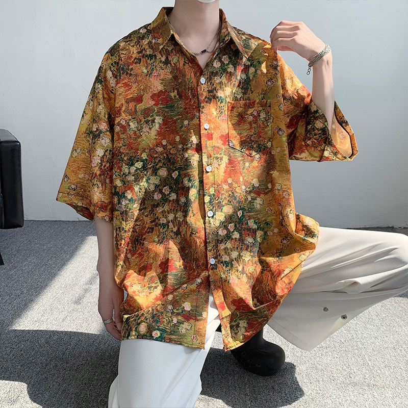 23夏冰丝莫奈油画沙滩度假衬衫短袖艺术气息大码T恤DX18-P45,男装T恤,电商B288