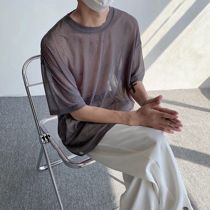 23夏季轻熟风镂空透视短袖网纱垂感冰丝男士性感T恤DX57-P38图片