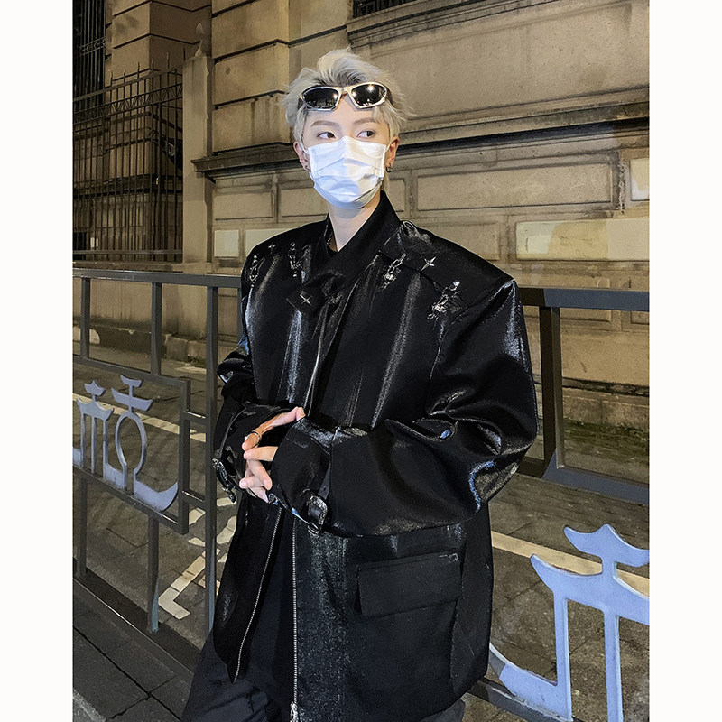 23秋冬男士液态金属飞机扣垫肩夹克亮面胸棉西服外套JK11-P125现图片