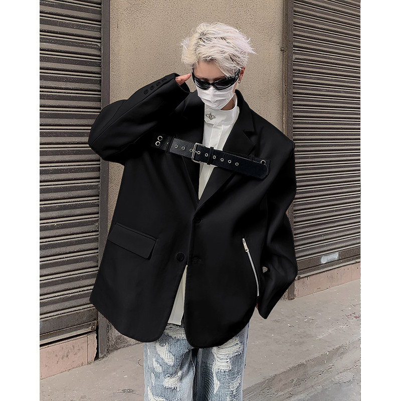 23秋冬男士垫肩绑带皮扣设计感休闲西服XZ11-P128现货,男装西服,电商B288