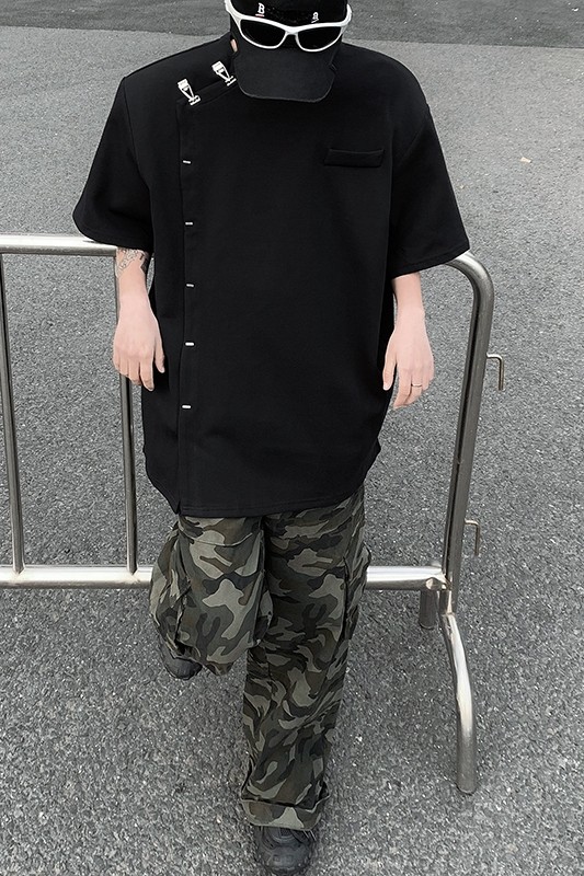 现货！25重磅金属铆钉垫肩T恤新中式小众暗黑圆领短袖男DX35-P68,男装T恤,电商B288