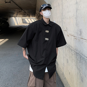 23新潮暗黑高街垫肩辣弟穿搭金属扣短袖衬衫冰丝痞帅半袖DX27-P68图片