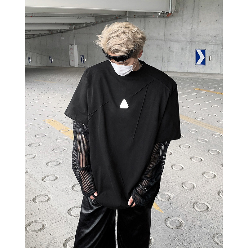 现货！25夏男士假两件垫肩金属扣暗黑网纱短袖T恤DX82-P68图片