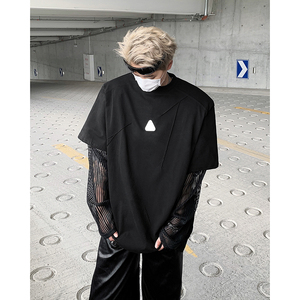 现货！25夏男士假两件垫肩金属扣暗黑网纱短袖T恤DX82-P68
