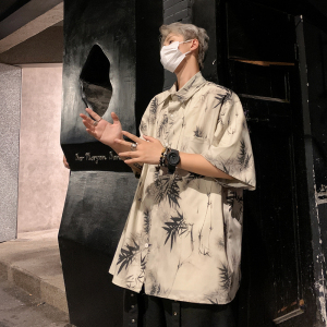 23夏季新款新中式竹叶印花痞帅短袖衬衫男mj709-p55图片