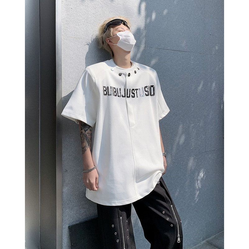 现货！25设计感纽扣装饰印花T恤垫肩短袖DX117-P68,男装T恤,电商B288