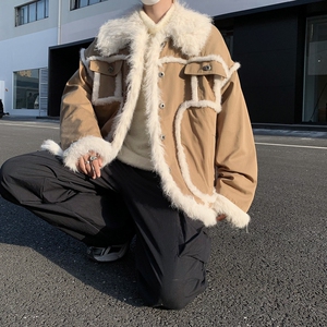 秋冬男士毛绒翻边撞色美拉德加棉加厚保暖棉服外套MJ980-P175现货图片