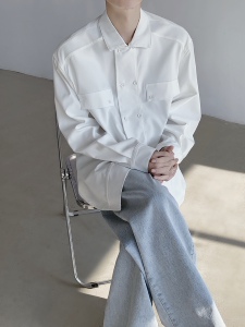 现货！25法式纯白双排扣老钱风男士衬衫cs23-p78图片