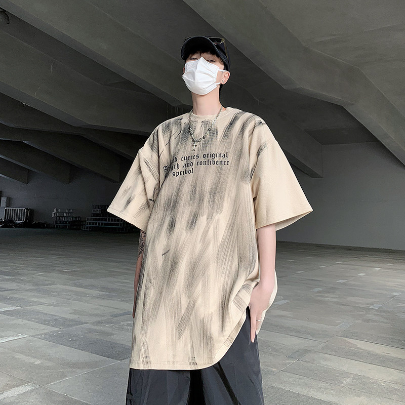 280g潮手绘笔刷涂鸦夏季T恤宽松圆领战损风粗粝感短袖DX48-P45,男装T恤,电商B288