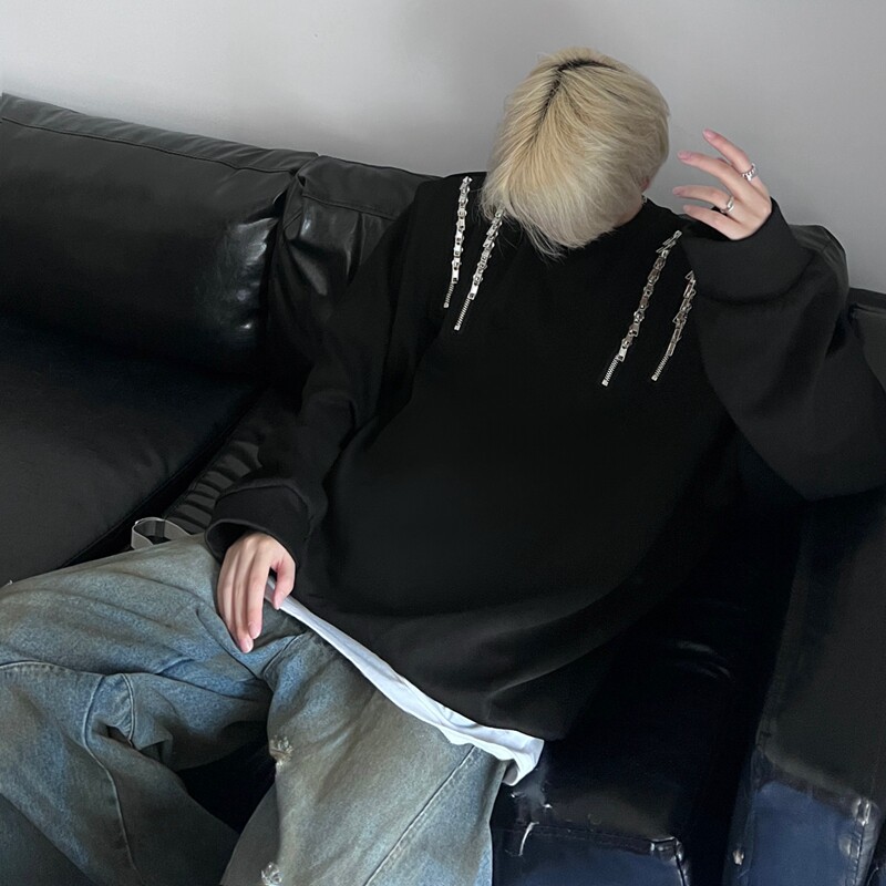 23秋冬男士设计感垫肩多拉链圆领内搭卫衣MJ944-P88现货,男装卫衣,电商B288
