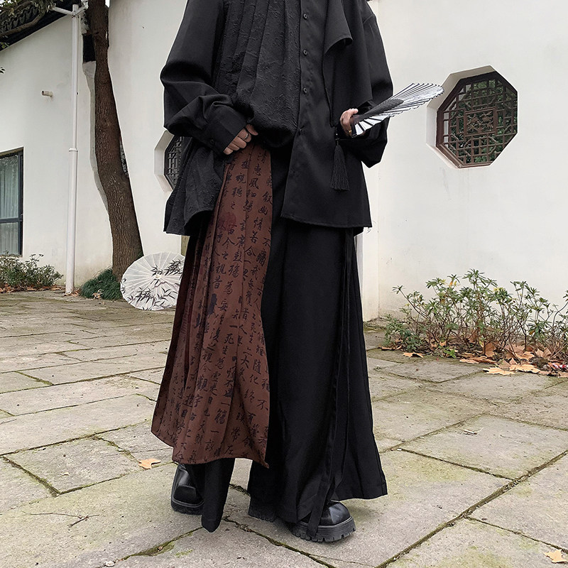 24春季新中式男士设计感书法飘逸裙裤阔腿裤QK01-P98,男装休闲裤,电商B288