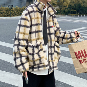 棉衣男港风宽松格子保暖加厚潮牌羊羔毛外套大衣B288-MJ400-P105图片