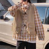 21男女同款宽松春季假两件马甲格子外套情侣上衣fy03-p85，男装风衣，电商B288