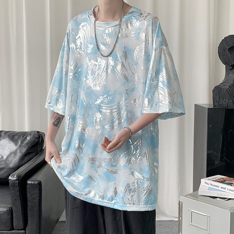 现货！港风小清新烫金短袖T恤冰丝宽松oversize仙仙半袖tx10-p35，男装T恤，电商B288