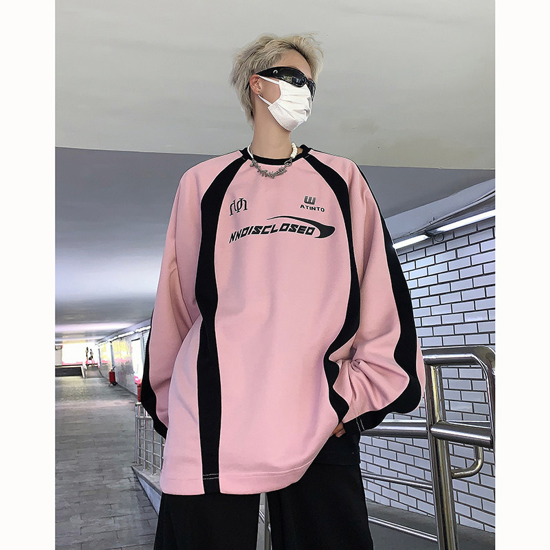 23秋冬打底拼色猛男粉色机车风圆领套头卫衣MJ916-P65现货图片