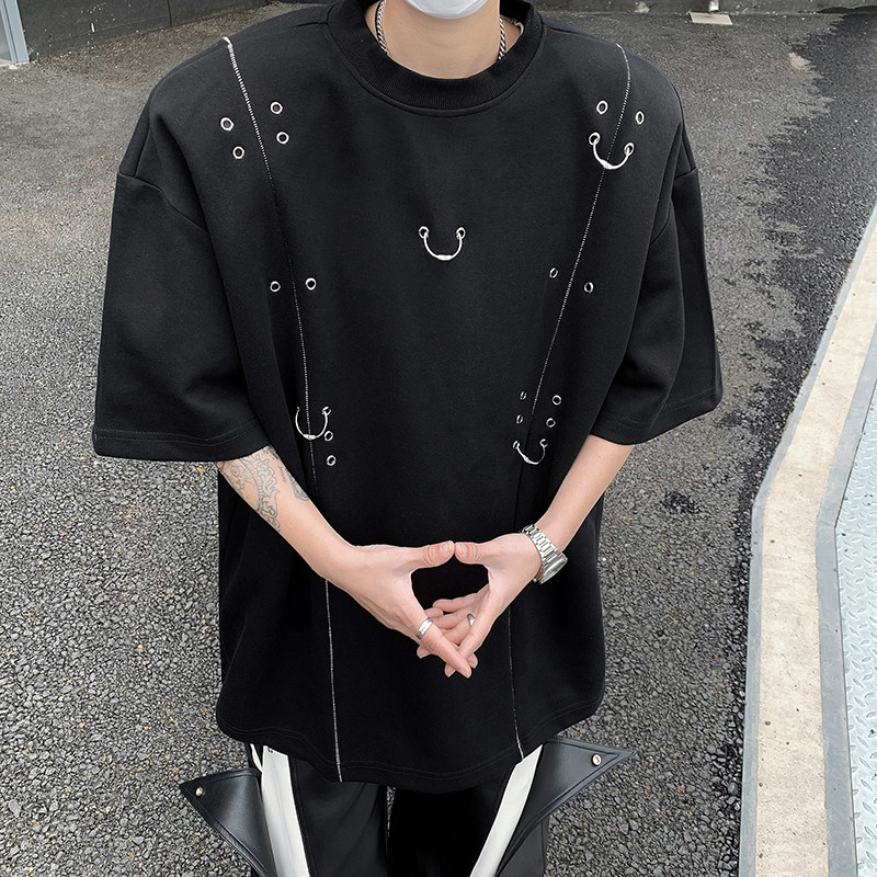现货！25夏季男士金属垫肩设计感气眼铆钉T恤短袖DX81-P78,男装T恤,电商B288