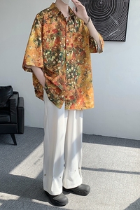 23夏冰丝莫奈油画沙滩度假衬衫短袖艺术气息大码T恤DX18-P45图片
