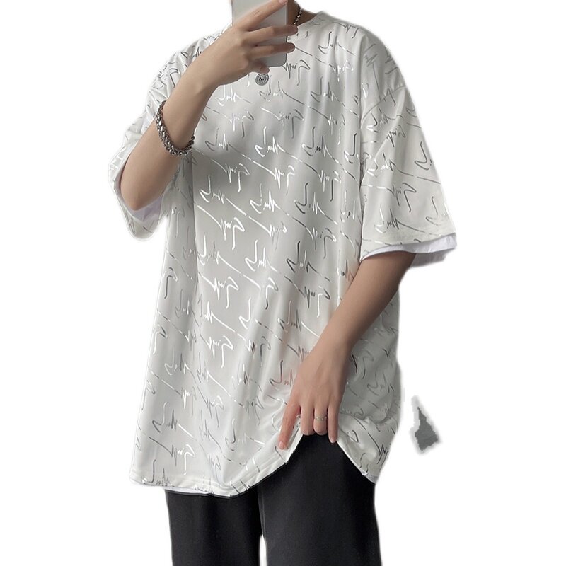 22夏款盐系短袖T恤港风男士宽松韩版黑色蹦迪烫金短袖tx05-p30,男装T恤,电商B288