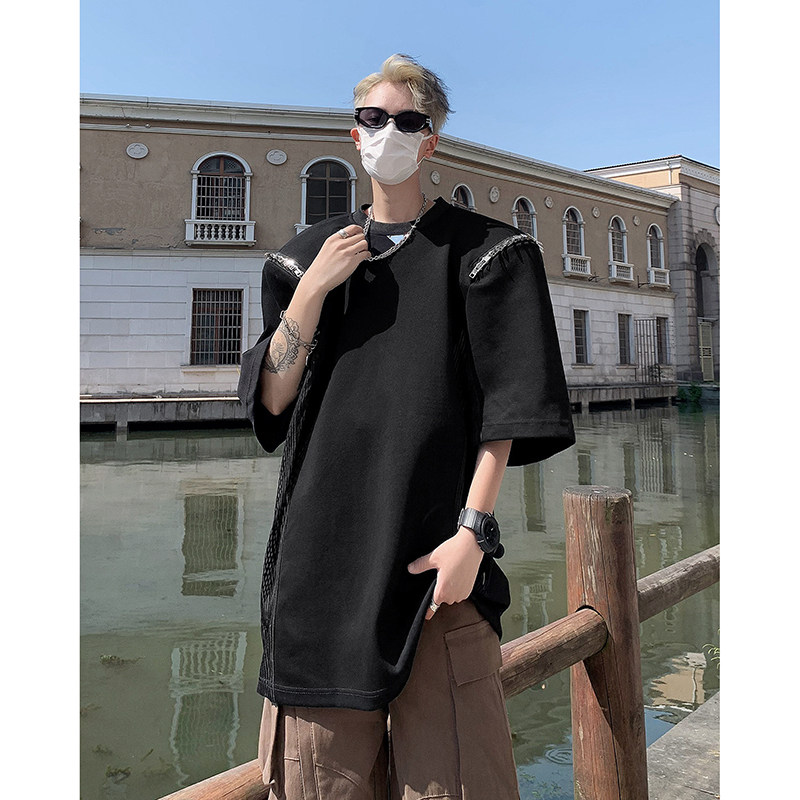现货！25夏季金属拉链垫肩网纱拼接短袖T恤DX63-P75,男装T恤,电商B288